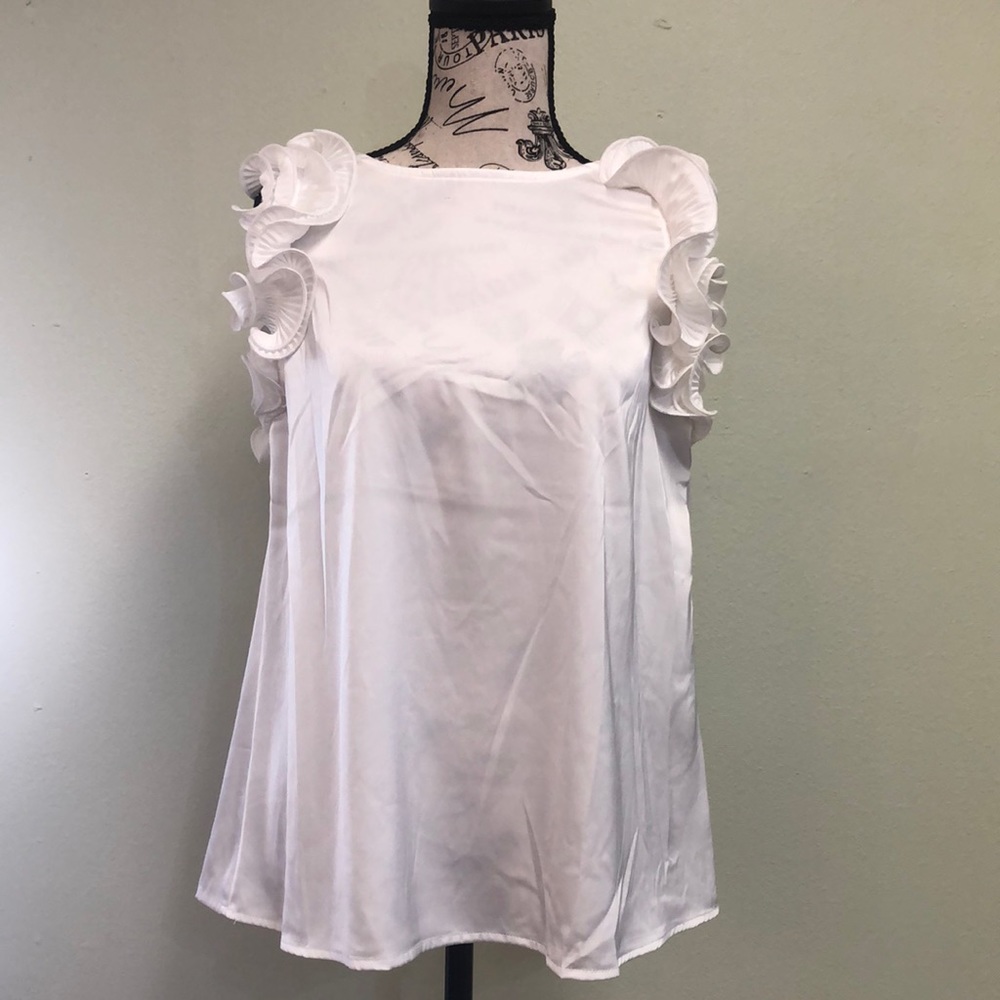 JODIFL White Satin Like Sleeveless Top with Multi Ruffled Cap Sleeve